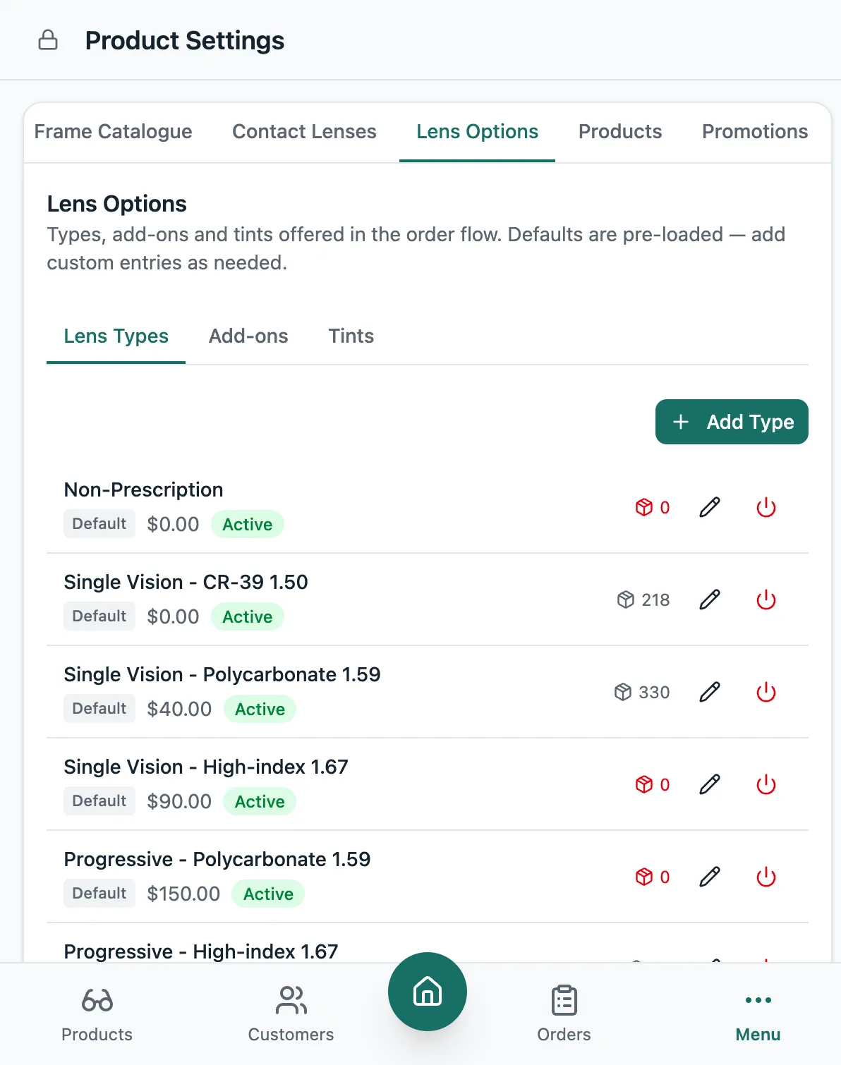 Product Settings on a phone: the Lens Options tab with each lens type on its own line, its price and status underneath, and the edit buttons down the right side