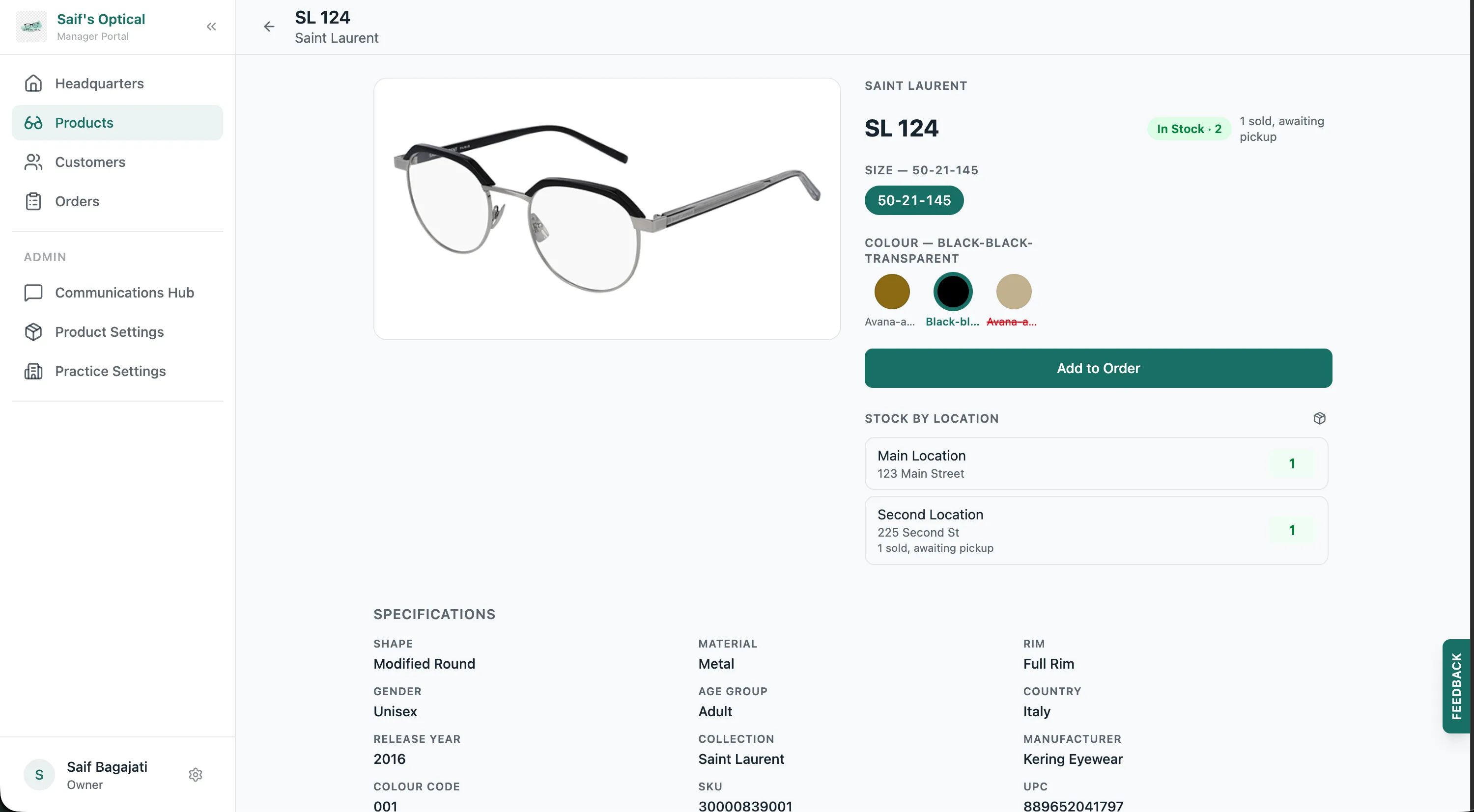 A frame's detail page in Lume: the Saint Laurent SL 124 with size and colour variants, an Add to Order button, stock by location, and full specifications