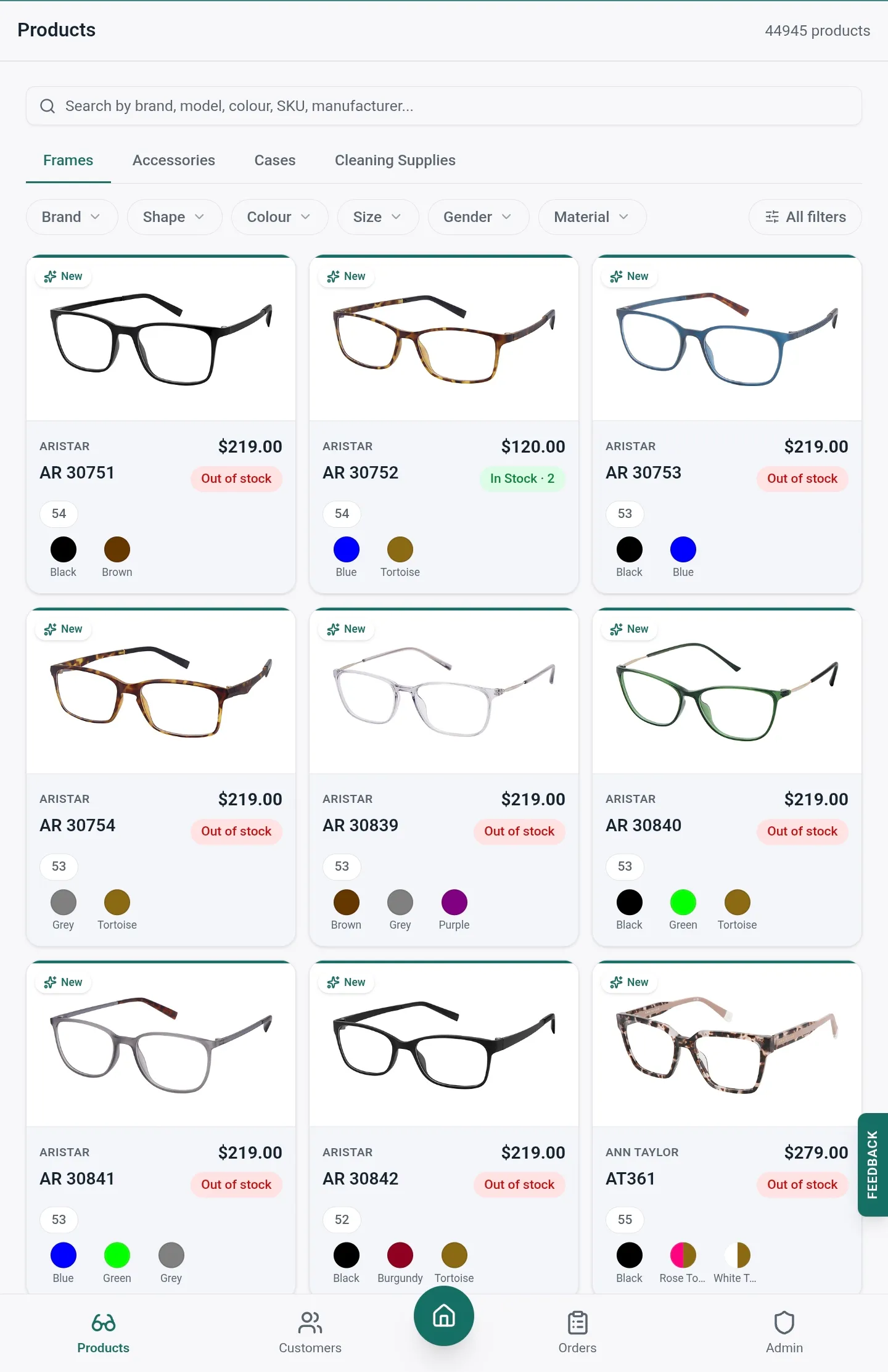 Lume product catalogue showing thousands of pre-loaded frames with brand, model, colour and stock
