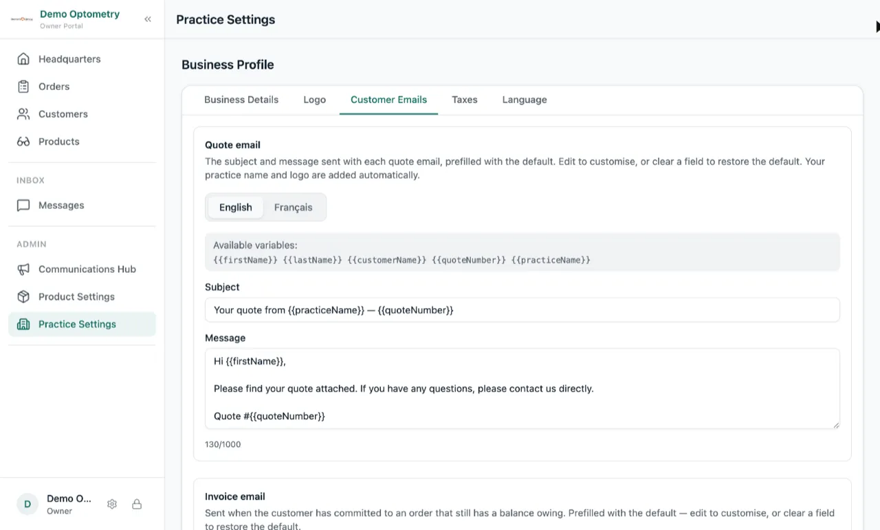 The Customer Emails tab in Practice Settings, showing the Quote email section with an English and French toggle, the available variables, and the subject and message boxes