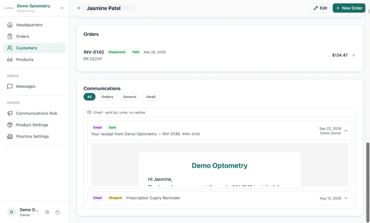 The Communications section of a customer's profile in Lume, listing a sent email titled Your receipt from Demo Optometry, INV-0140, with the email preview opened underneath