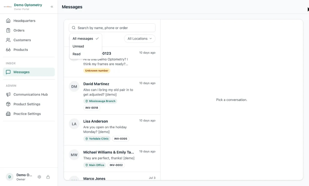 The Messages page with the new filter open, offering All messages, Unread and Read, above a list of customer conversations tagged with each store's short name