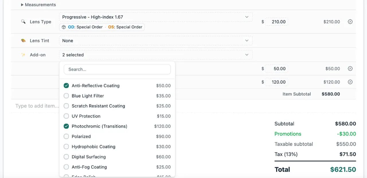 The Add-on dropdown open on an order, with a search box and a list of add-ons and prices, Anti-Reflective Coating and Photochromic ticked and shown as their own lines