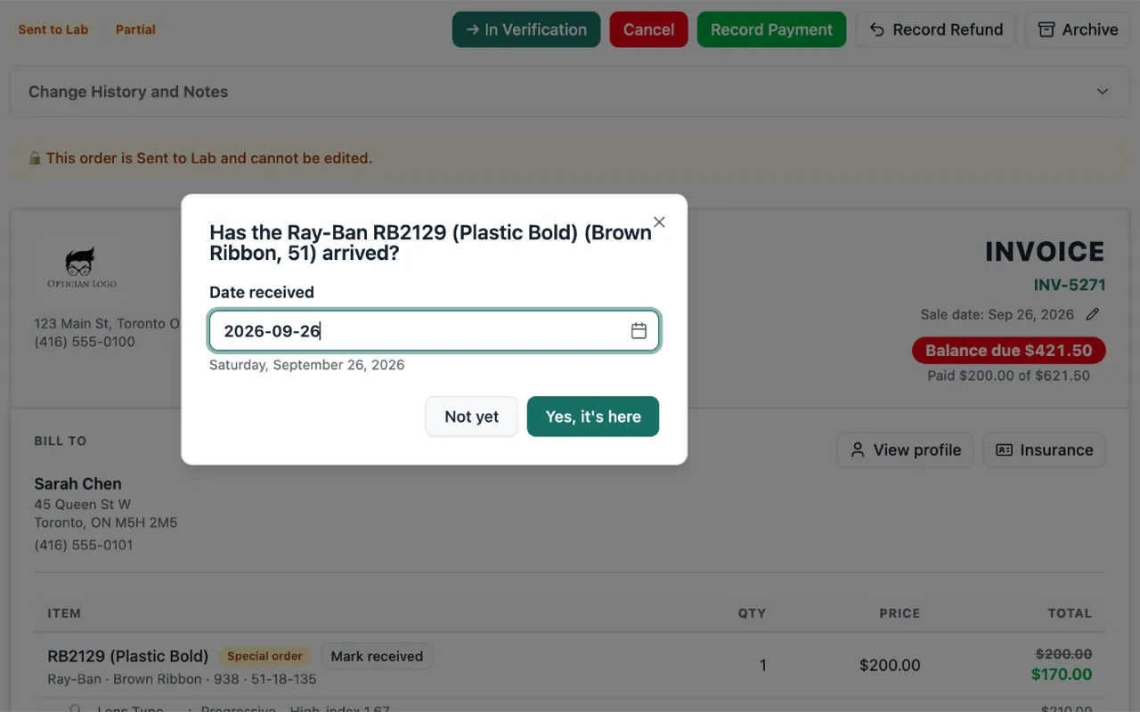 Lume asking whether the Ray-Ban RB2129 has arrived, with today's date filled in and the buttons Not yet and Yes, it's here