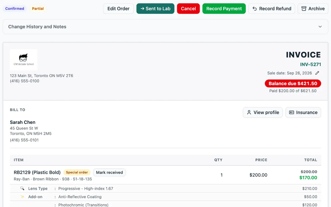 An order in Lume with a red Balance due $421.50 tag and Paid $200.00 of $621.50 under it, and a Ray-Ban frame tagged Special order with a Mark received button