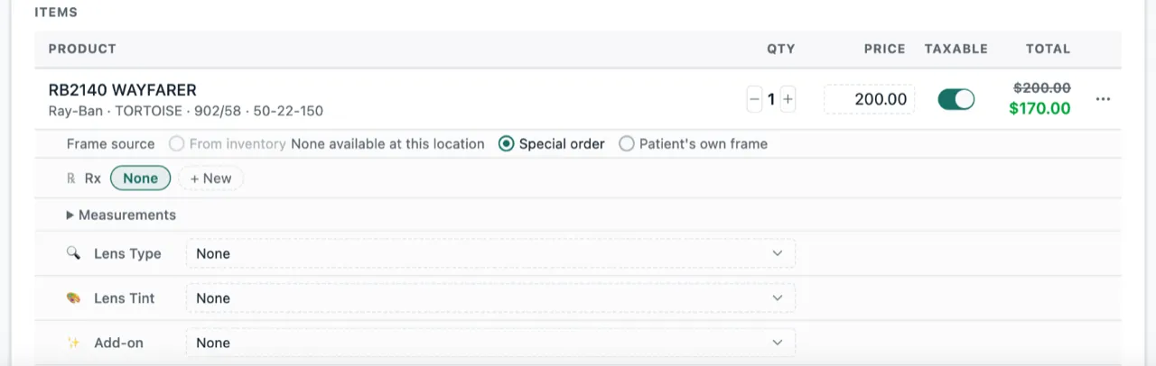 A frame line on an order: Frame source set to Special order, with From inventory greyed out because none are available at this location