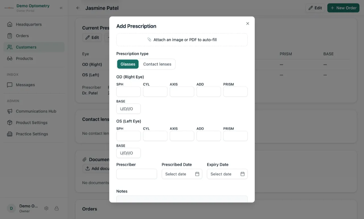 The Add Prescription window, with an Attach an image or PDF to auto-fill button at the top and the empty prescription boxes for each eye underneath